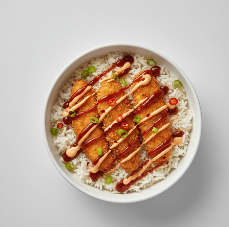 Crispy Chicken Bowl With Rice & Drizzled With Sauce 
